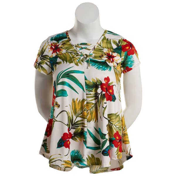 Womens C''est La Vie Short Sleeve Round Hem Print Lace Up Top