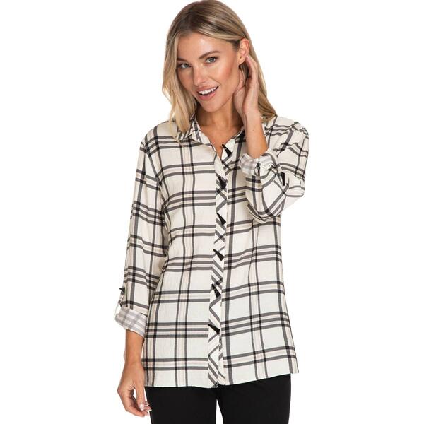 Womens Multiples Roll Tab Sleeve Plaid High Low Crinkle Blouse - image 