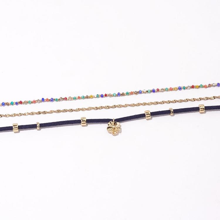 Ashley Shiny Gold-Tone 3pc. Chain & Black Cord Flower Bead Anklet