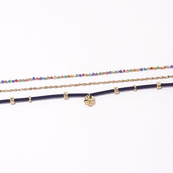 Ashley Shiny Gold-Tone 3pc. Chain & Black Cord Flower Bead Anklet - image 