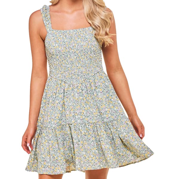Juniors No Comment Floral Smocked Bodice Tier Sundress Dress