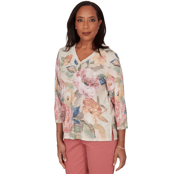 Womens Alfred Dunner Camden Market Bold Rose V Neck Blouse