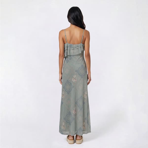 Juniors Pink Rose Printed Mesh Empire Ruffle Maxi Dress - Sage