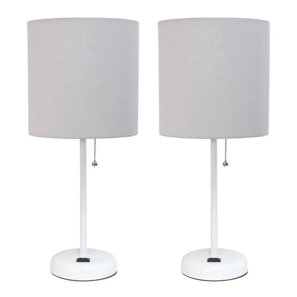 LimeLights White Stick Lamp w/Charging Outlet/Grey Shade-Set of 2