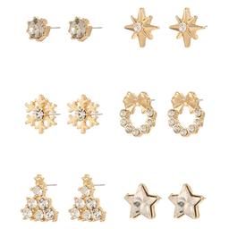 6pc. Christmas Themed Gold-Tone Crystal Stud Earrings