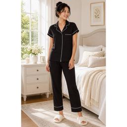 Womens Nicole Miller Short Sleeve Rib Pajama Set - Black