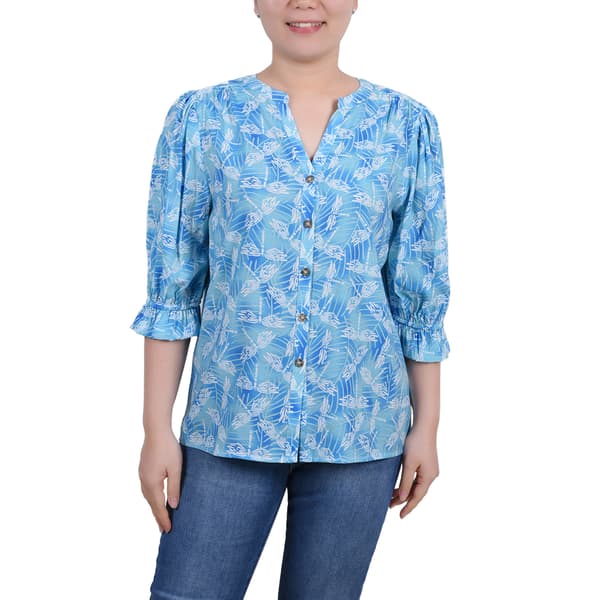Womens NY Collection Elbow Sleeve Button Down Dragonfly Tuwa Top - image 