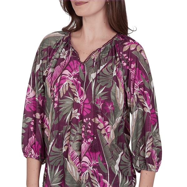 Womens Ruby Rd. Sedona Escape Tropical Tassel Neck Blouse