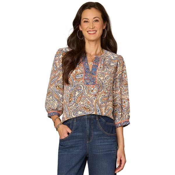 Womens Democracy 3/4 Blouson Sleeve Paisley Blouse