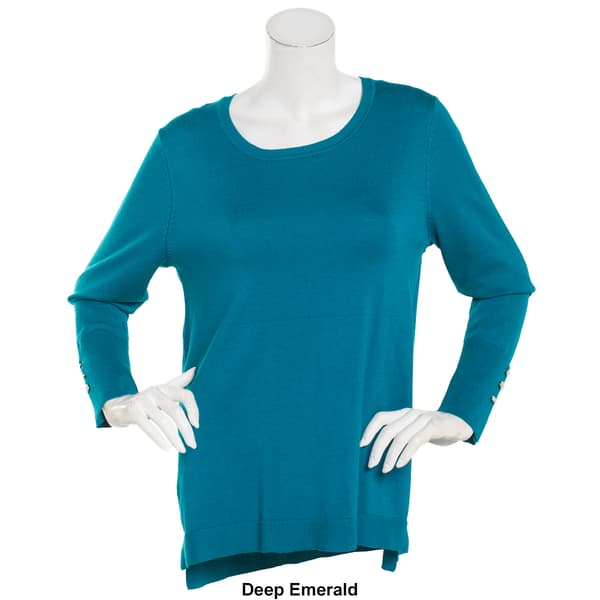 Petite Retrology Crew Neck Button Sleeve Side Slit Sweater