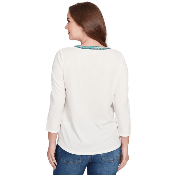 Petite Ruby Rd. Fall Flair Split Neck Geometric Embroidery Blouse