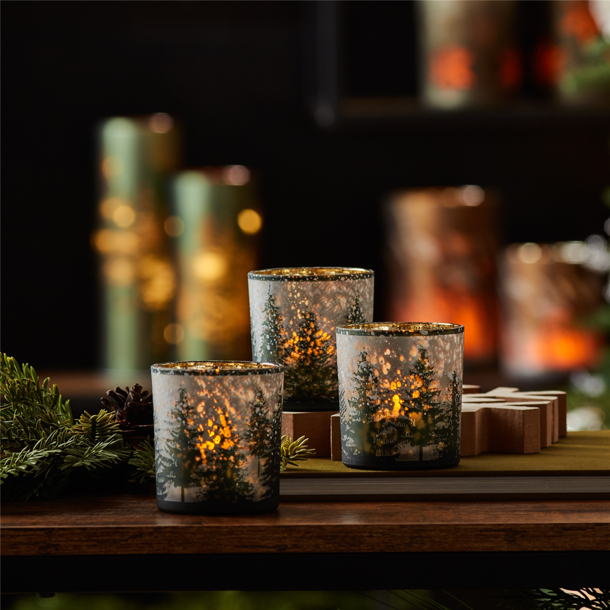 Melrose Frosted Pine Mercury Glass Candle Holder - Set of 3