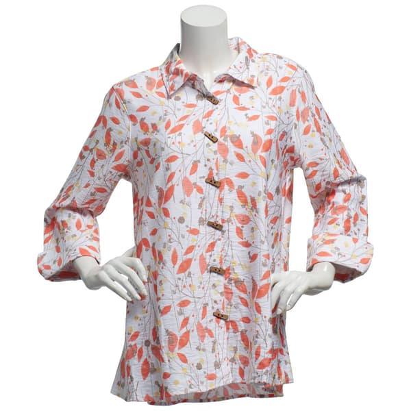 Womens Multiples 3/4 Sleeve Abstract Casual Button Down Top