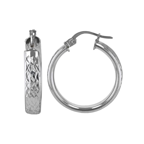 Sterling Silver Obelisk Round Diamond Cut Hoop Earrings - image 
