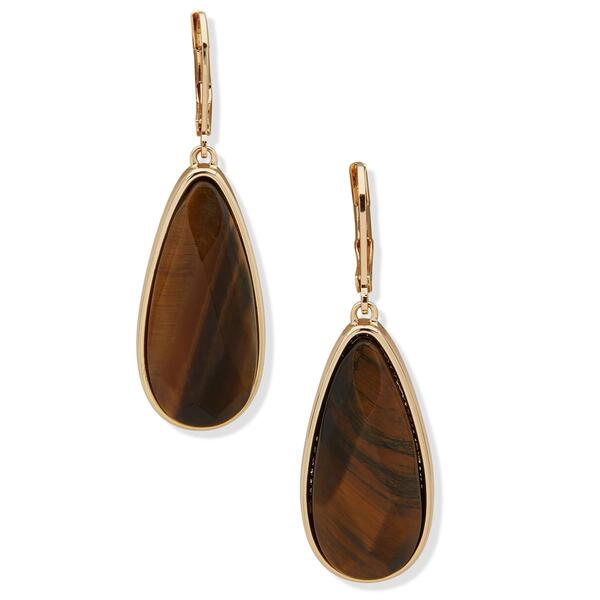 Nine West Gold-Tone Tiger Eye Teardrop Leverback Drop Earrings - image 