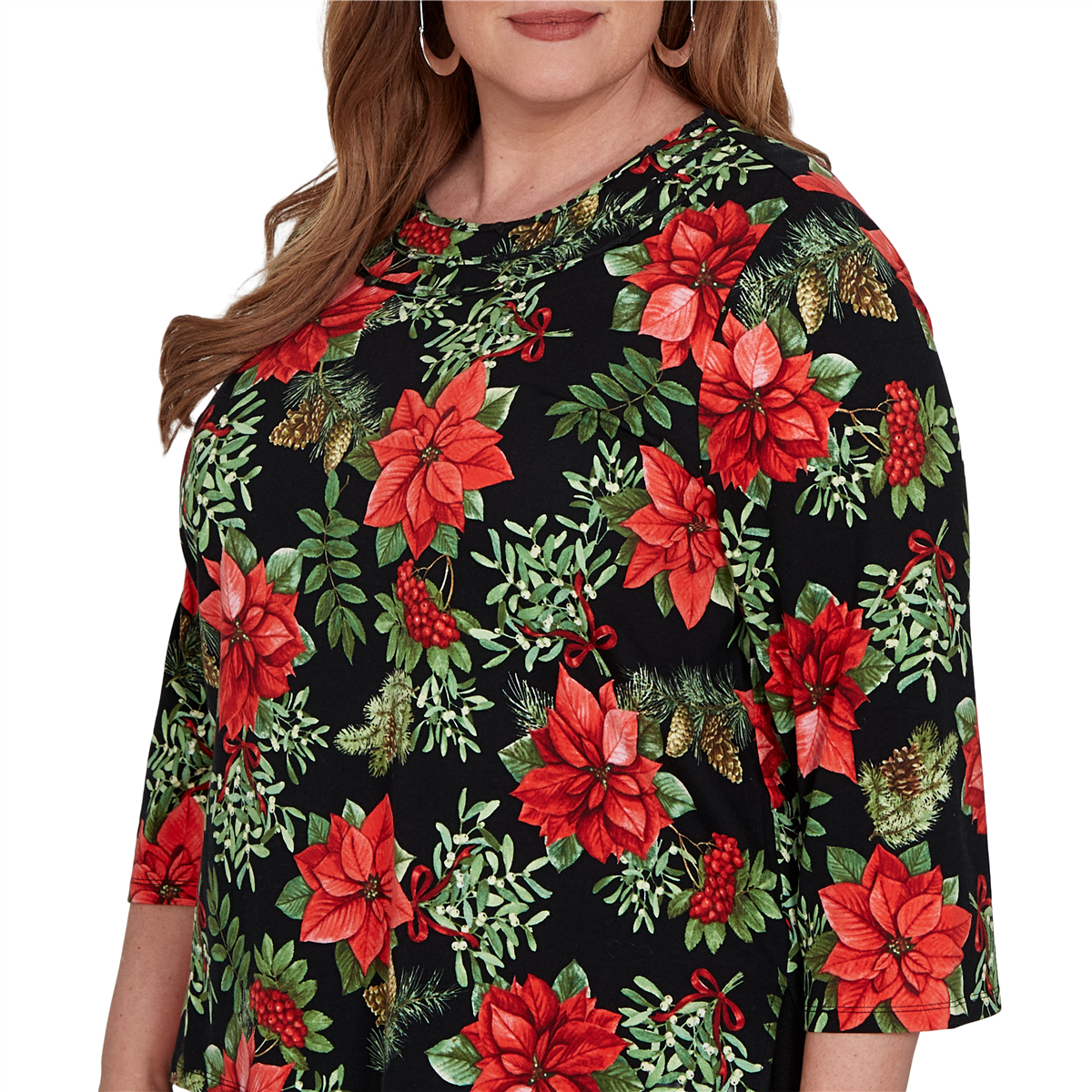 Plus Size Alfred Dunner Classics 3/4 Sleeve Poinsettia Blouse