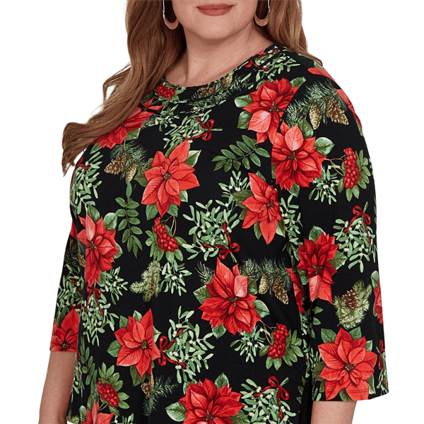 Plus Size Alfred Dunner Classics 3/4 Sleeve Poinsettia Blouse