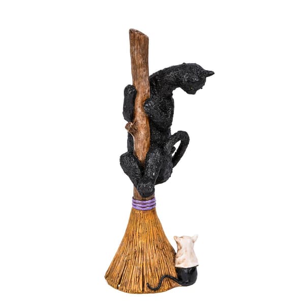 National Tree 13in. Halloween Black Cat Climbing Broom Figurine - image 