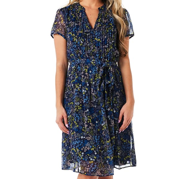 Plus Size MSK Short Sleeve Chiffon Pintuck A-Line Dress-Denim