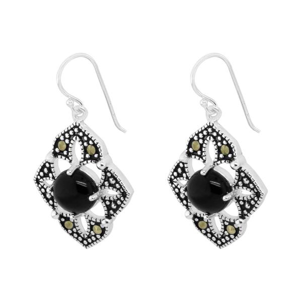 Marsala Genuine Marcasite & Onyx Fancy Drop Earrings - image 