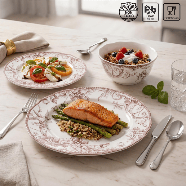 222 Fifth Adelaide Brown on White Porcelain 12pc. Dinnerware Set