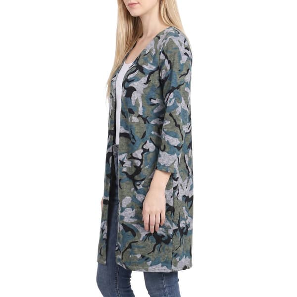 Womens NY Collection 3/4 Sleeve Camo Hacci Cardigan