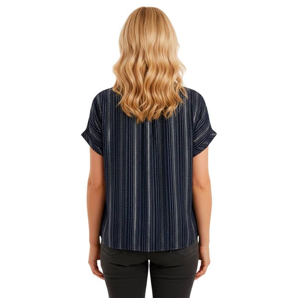 Womens Notations Short Sleeve Foil Stripe Split Neck Blouse