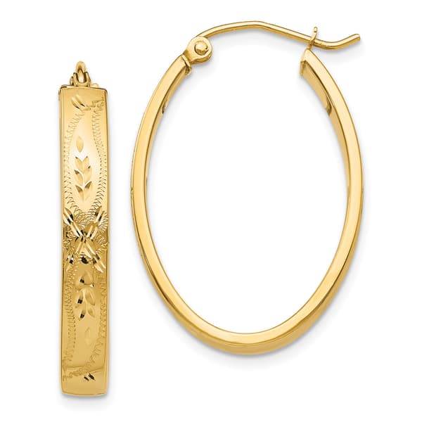 Gold Classics&#40;tm&#41; 14k Satin & Diamond Cut Oval Hoop Earrings - image 