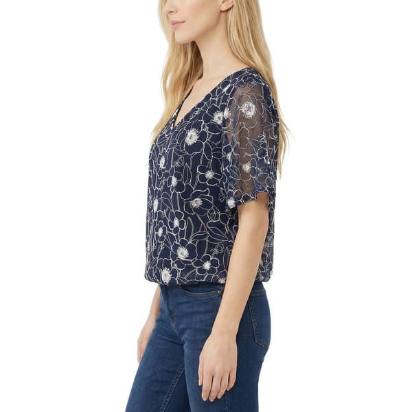 Petite NY Collection Short Flutter Sleeve V Neck Floral Blouse