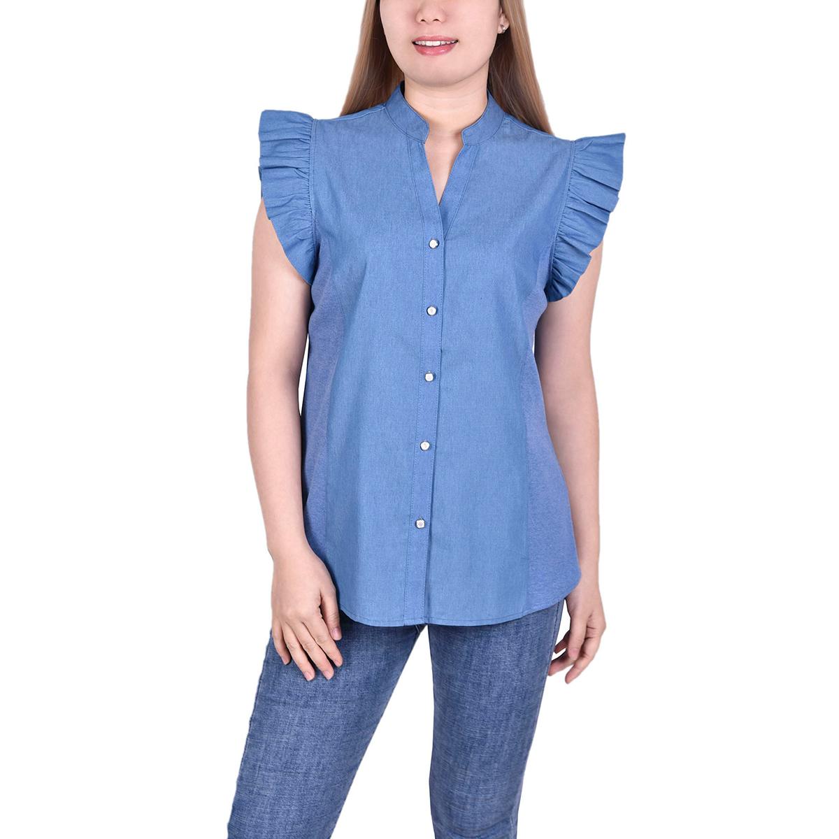 Womens NY Collection Denim Button Down Flutter Sleeve Blouse