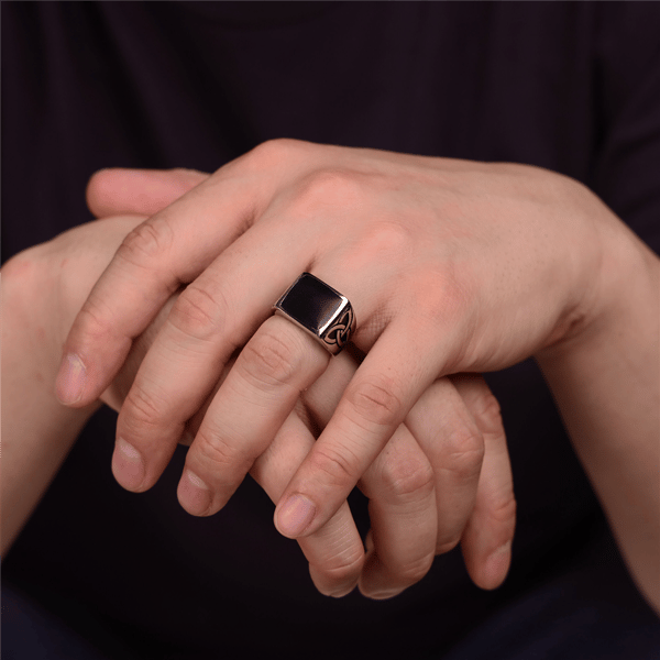 Mens Lynx Stainless Steel Black Resin Statement Ring