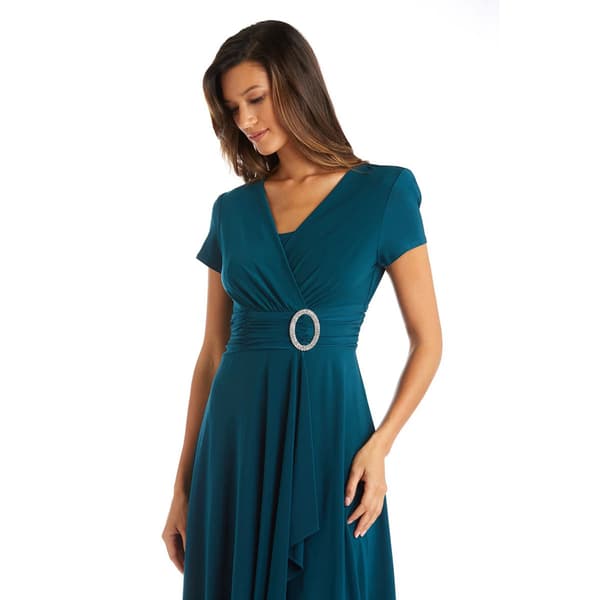 Petite R&M Richards Short Sleeve Ruched Rhinestone Trim Dress