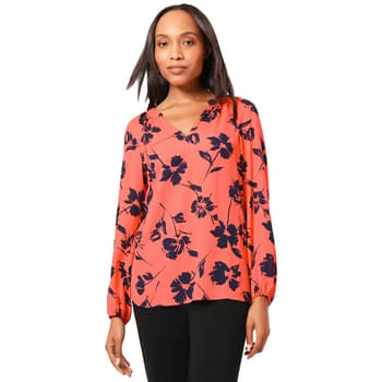 Womens Kasper Long Sleeve Spaced Floral Notch V- Neck Blouse - Boscov's