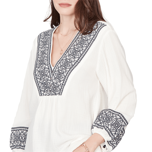 Womens Skye’s the Limit Fresh Start Scroll V-Neck Blouse