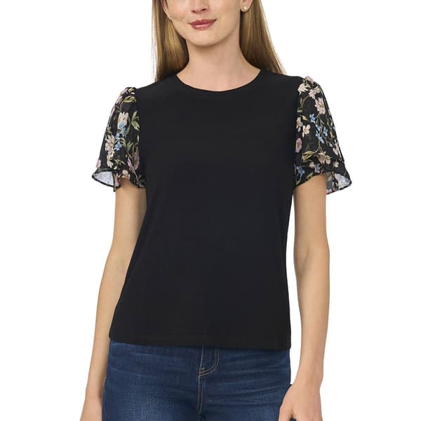 Womens Cece Short Sheer Floral Sleeve Solid Top - image 