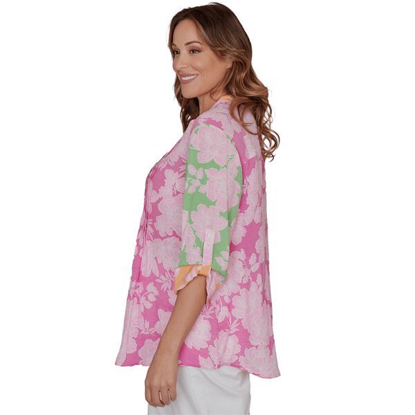 Plus Size Ruby Rd. Hothouse Florals Roll Tab Sleeve Blouse