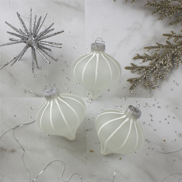 Northlight 3ct. Matte Frosted Glitter Stripes Onion Ornaments