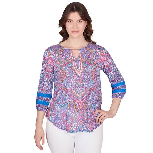 Petite Ruby Rd. Bright Blooms Lace Trim Knit Paisley Blouse - image 