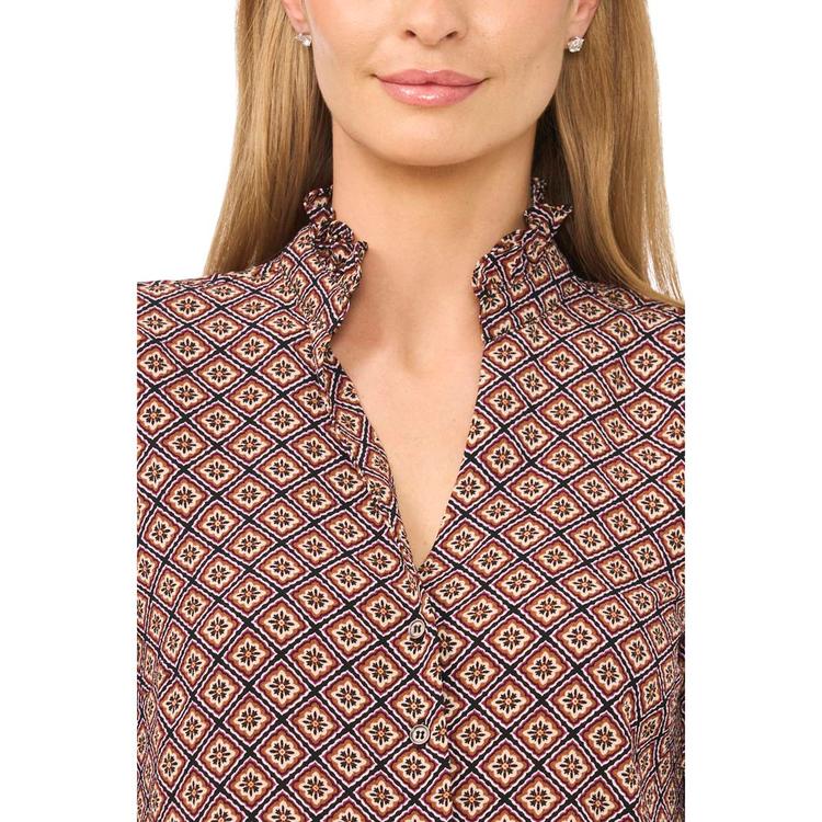 Womens Cece Ruffle Elbow Sleeve Geometric Button Front Blouse