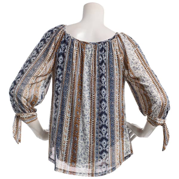 Juniors A. Byer Mix Print Mesh 3/4 Tie Sleeve Blouse