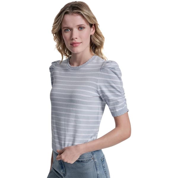 Womens DKNY Short Puff Sleeve Scallop Neck Stripe Sweater - image 
