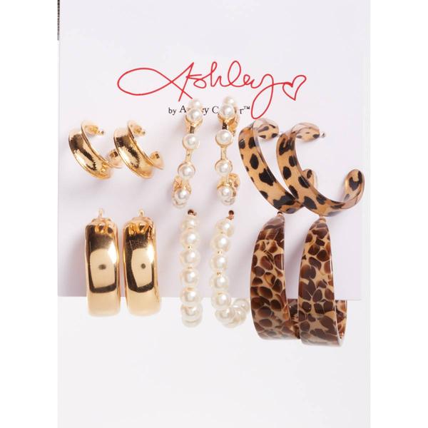 Ashley Gold-Tone Pearl & Leopard Hoop Earring Set - image 