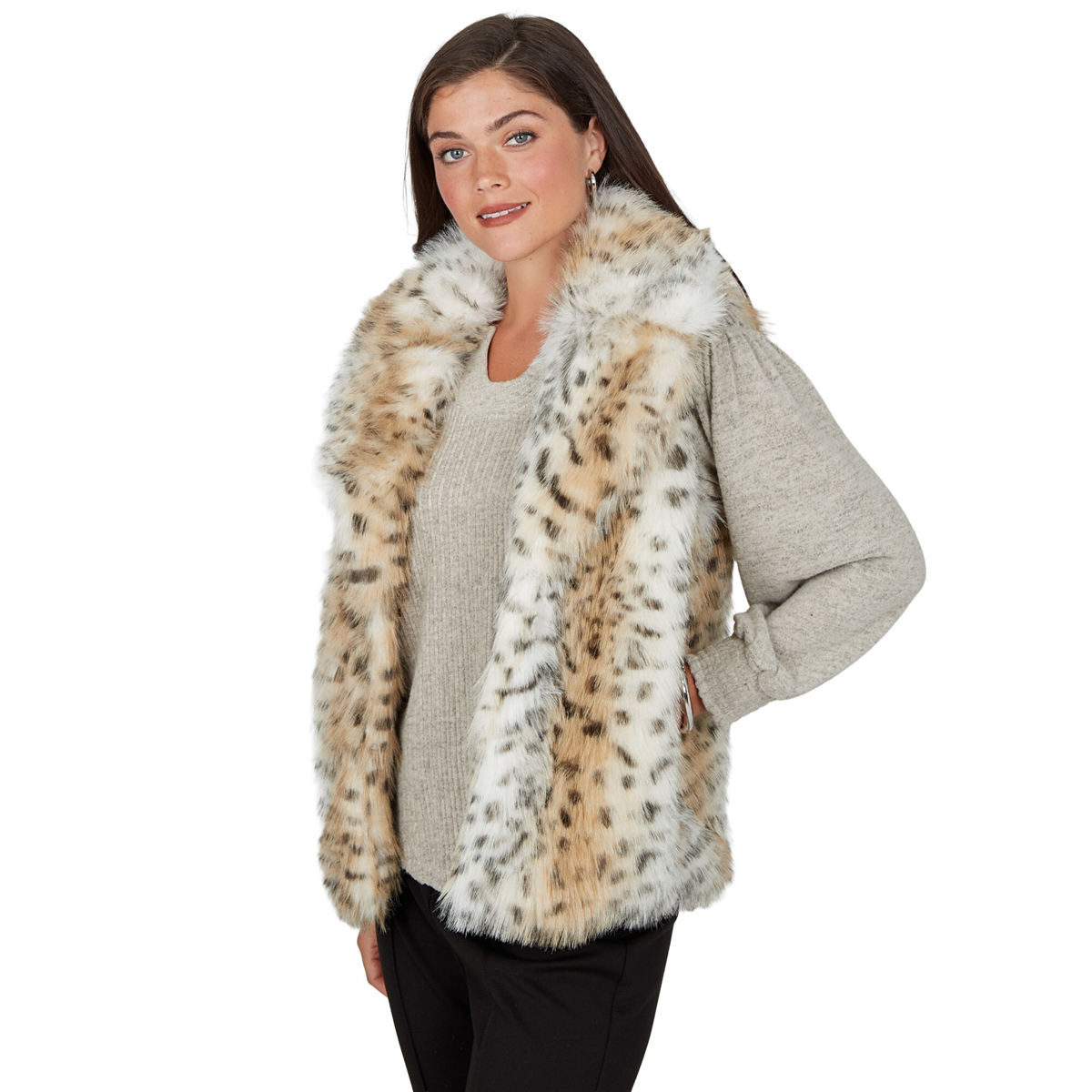 Womens Ruby Rd. Mythical Snow Leopard Faux Fur Vest