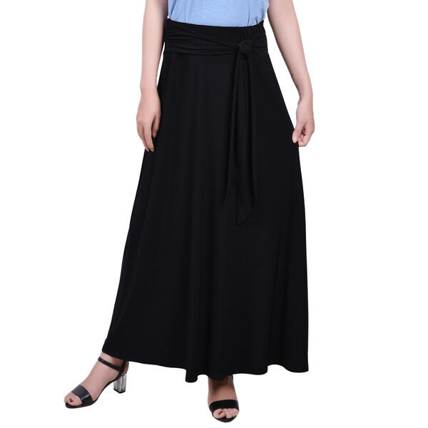 Petite NY Collection Solid Black Tie Waist Long Skirt - image 