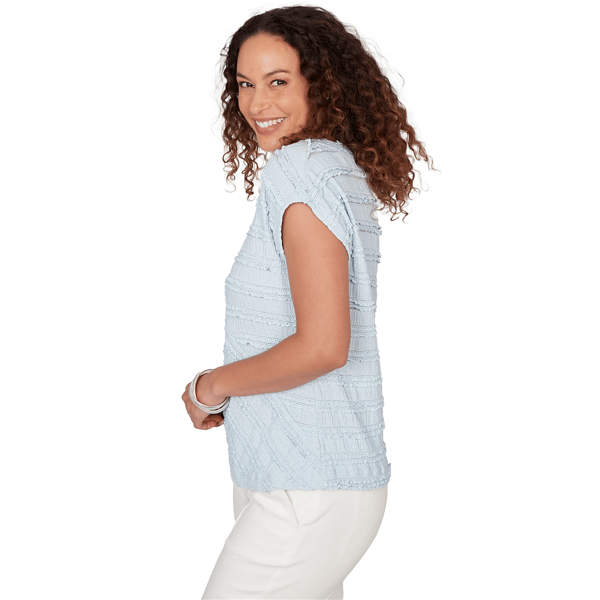 Womens Skye’s the Limit Sunny Blue Skies Ruffle Stripe Blouse