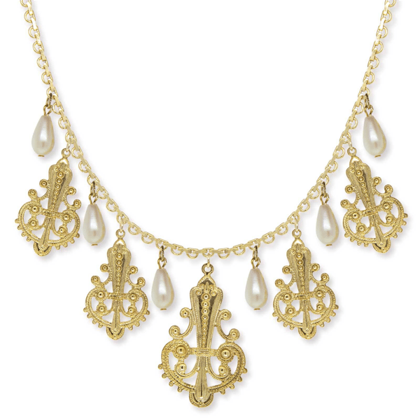 1928 Jewelry Filigree Faux Pearl Drop Necklace - image 