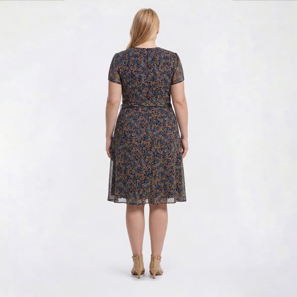 Plus Size MSK Short Sleeve Ditsy Floral Pintuck A-Line Dress