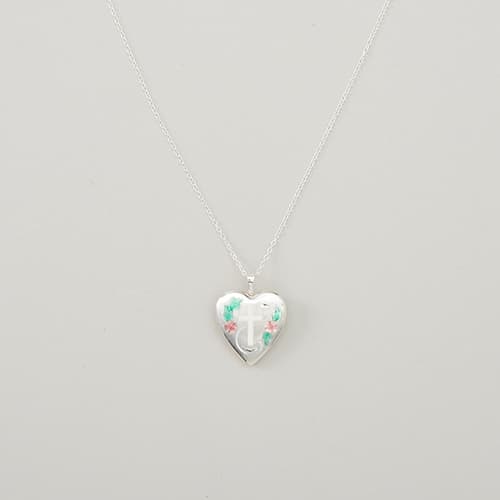 Sterling Silver Floral Cross Heart Locket Pendant Necklace
