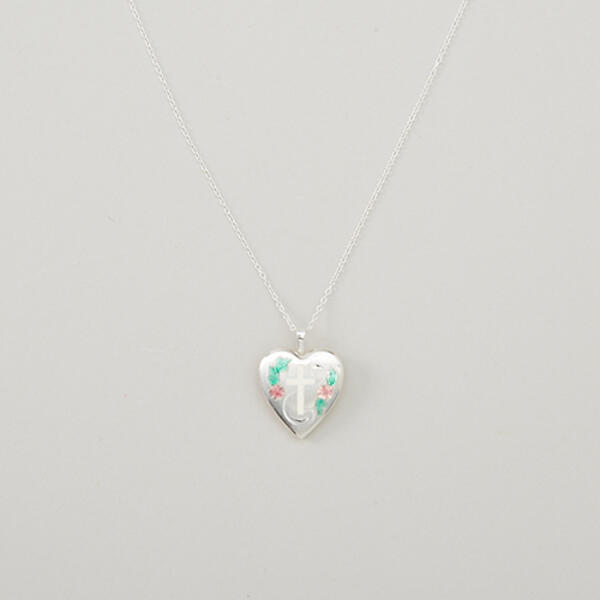 Sterling Silver Floral Cross Heart Locket Pendant Necklace - image 