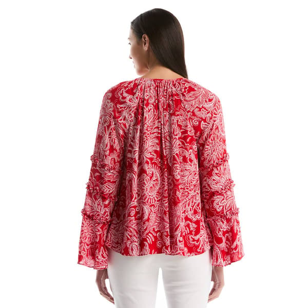 Womens Rafaella® Long Bell Sleeve Paisley Tie Neck Blouse